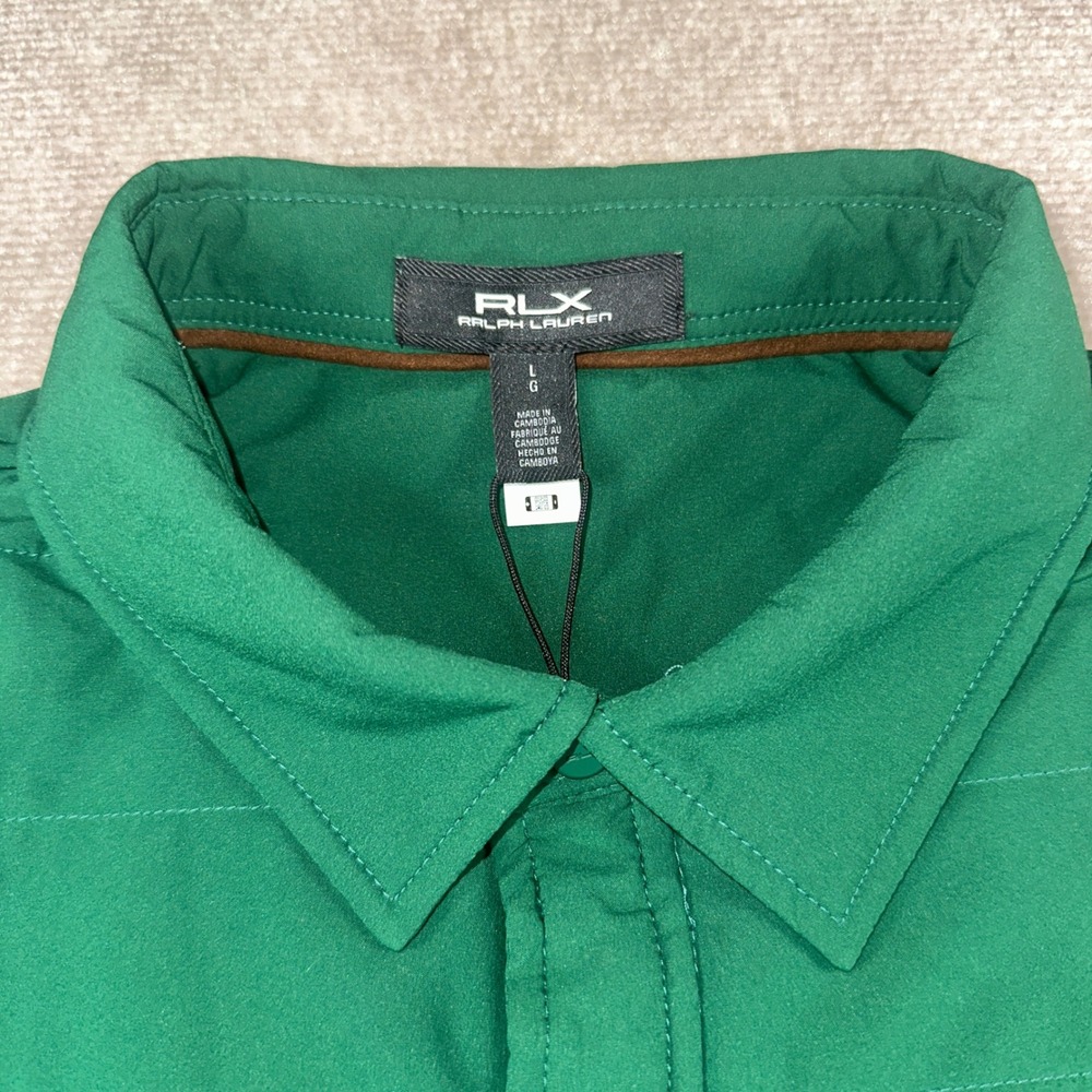 RLX Ralph Lauren Mens Quilted Shirt Jacket Green Snap Zip Front Golf Large NWT - Picture 2 of 11
